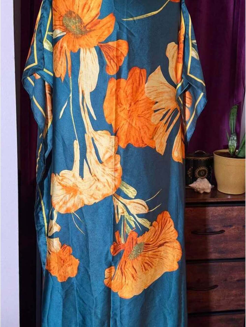 Deep teal Gold nasturtiums muumuu, caftan XXL New! $14